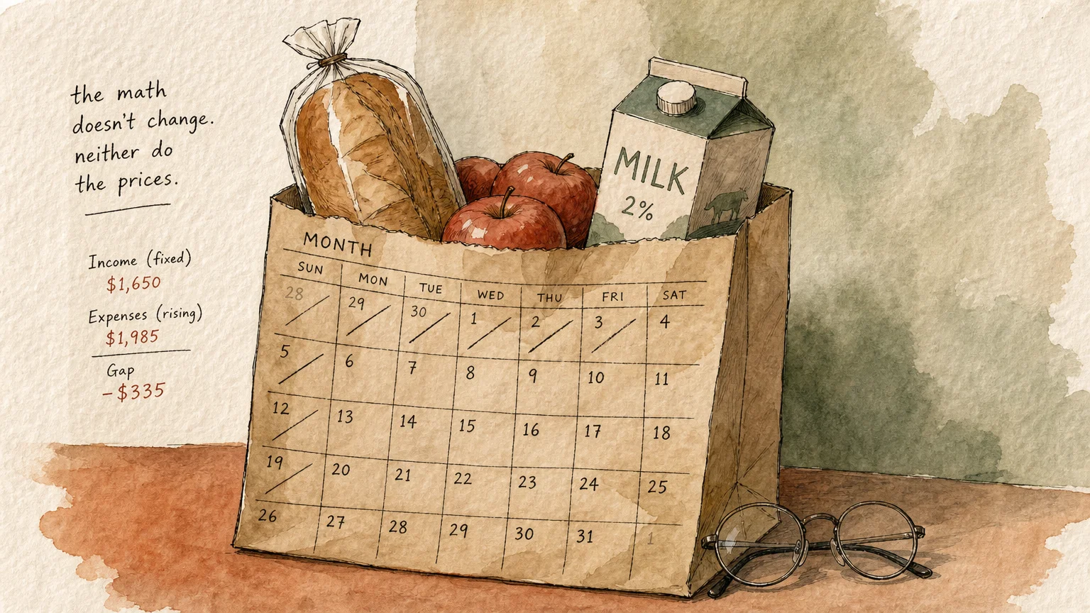 An ink and watercolor illustration of a paper grocery bag made from a calendar grid, filled with basic groceries.