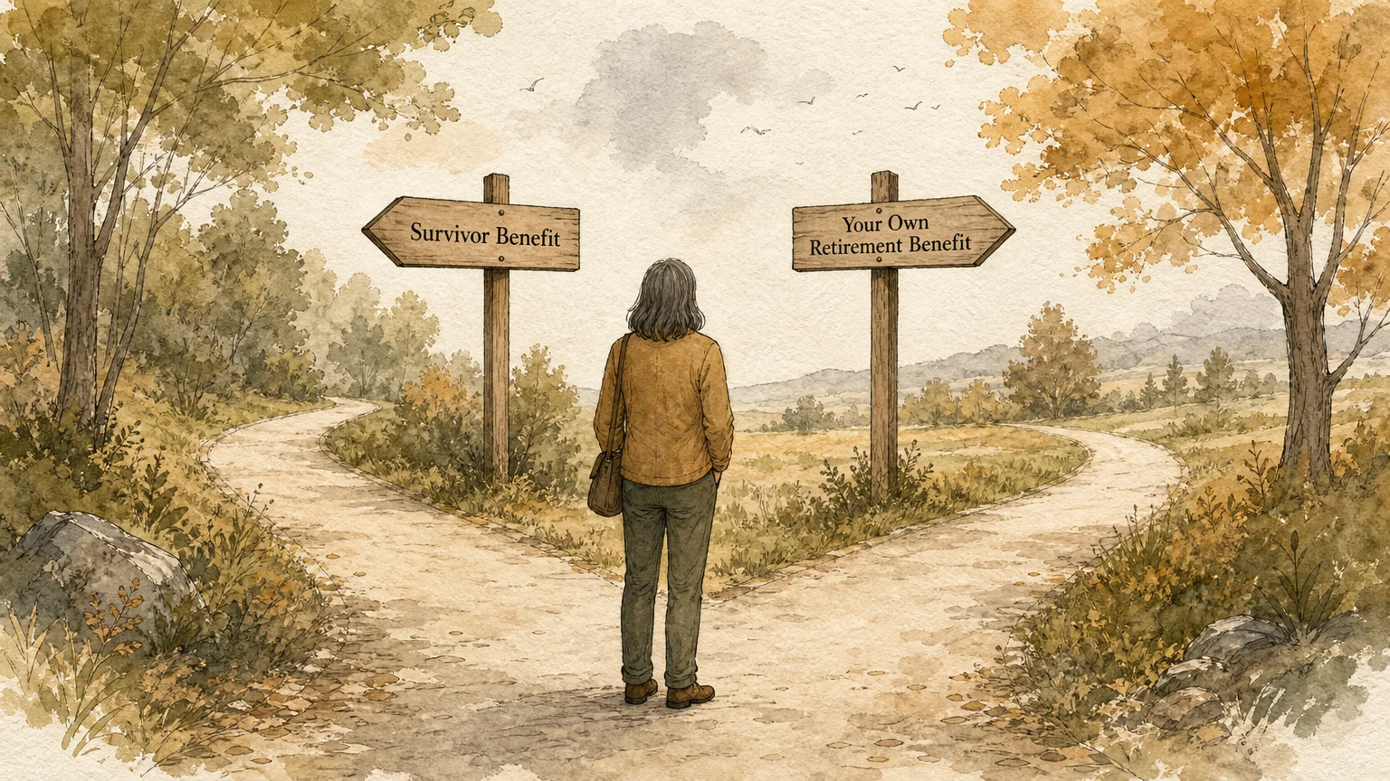 An ink and watercolor illustration of a path fork with signs for 'Survivor Benefit' and 'Your Own Benefit', representing claiming choices.