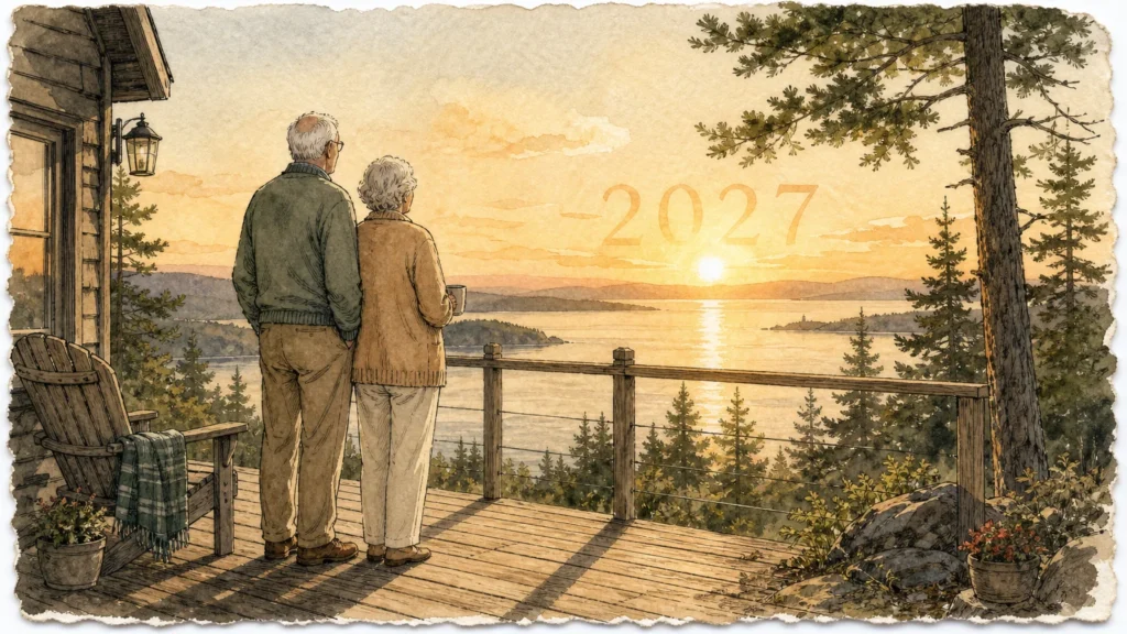 An ink and watercolor illustration of a retired couple looking toward a warm horizon representing the year 2027.