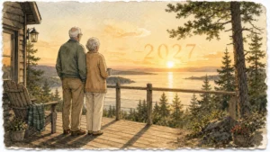 An ink and watercolor illustration of a retired couple looking toward a warm horizon representing the year 2027.