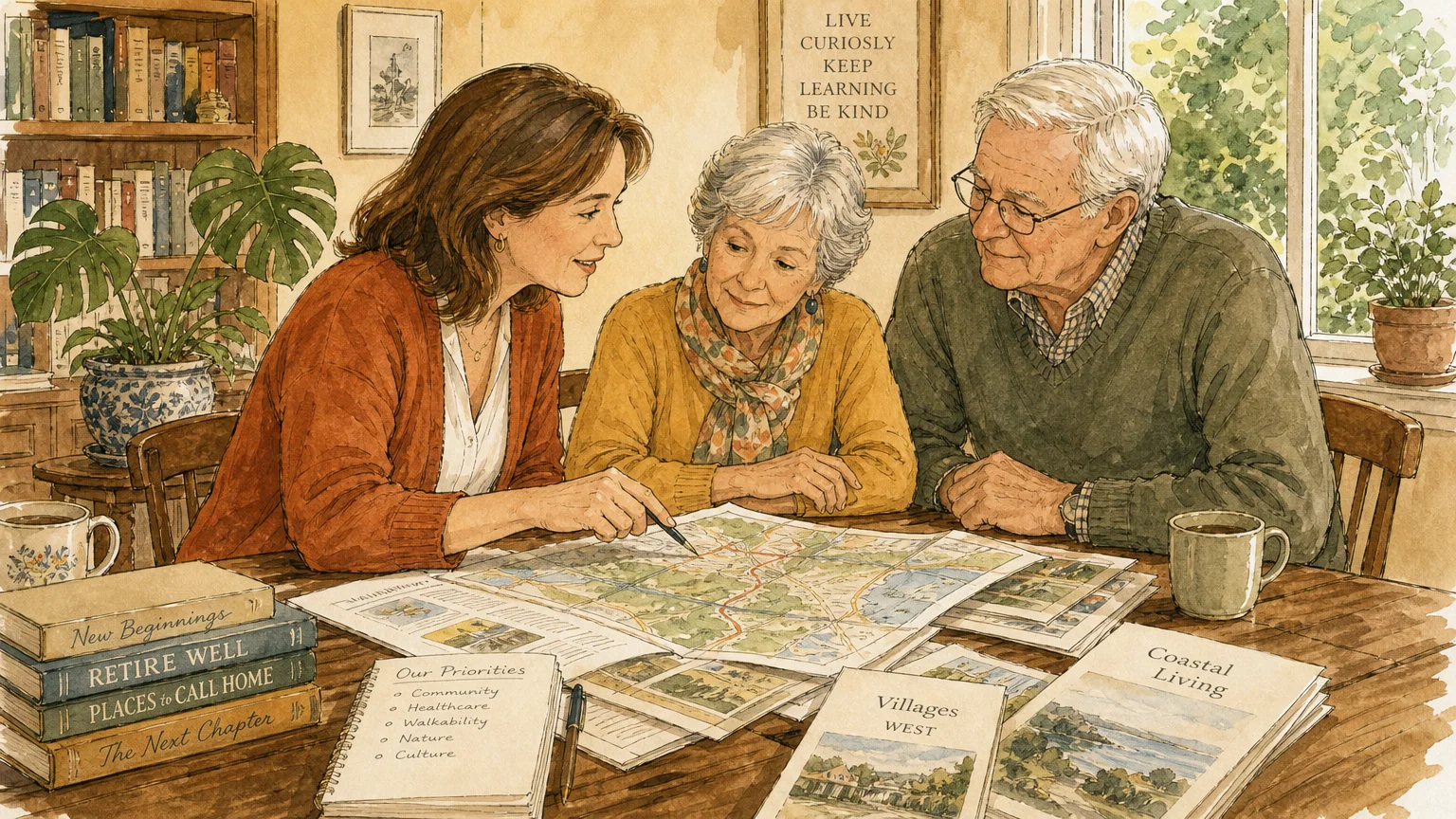 An ink and watercolor illustration of a retired couple reviewing relocation maps with a friendly advisor at a wooden table.