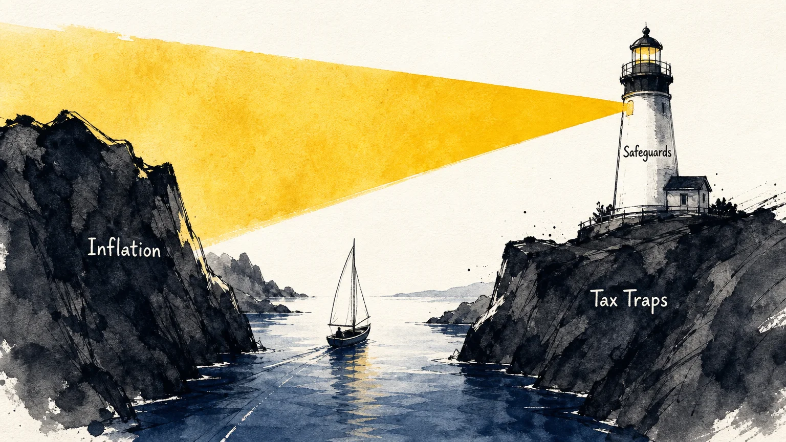 An ink and watercolor illustration of a sailboat navigating between rocky cliffs labeled Inflation and Tax Traps, guided by a lighthouse bea