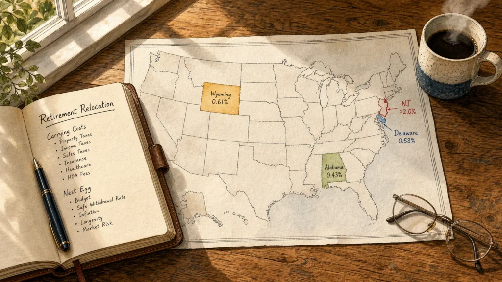 An ink and watercolor illustration of a US map on a wooden desk highlighting low-property-tax states like Alabama and Wyoming.