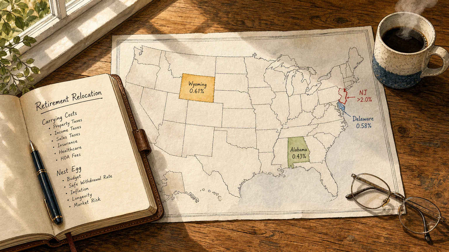 An ink and watercolor illustration of a US map on a wooden desk highlighting low-property-tax states like Alabama and Wyoming.