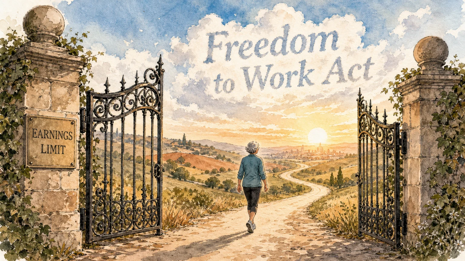 An ink-and-watercolor illustration of an open gate leading to a sunlit path, symbolizing the Senior Citizens Freedom to Work Act.