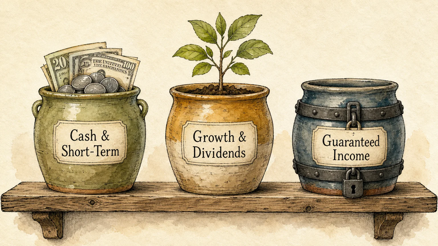 An ink and watercolor illustration of three ceramic pots representing cash, growth, and guaranteed income buckets.