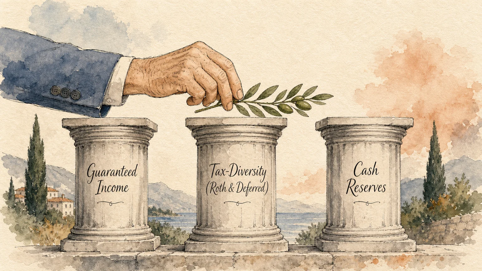 An ink and watercolor illustration of three columns representing Guaranteed Income, Tax-Diversity, and Cash Reserves.