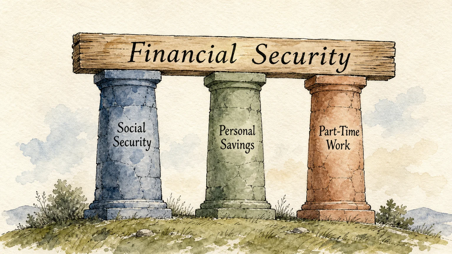 An ink and watercolor illustration of three stone pillars supporting a wooden beam labeled Financial Security.