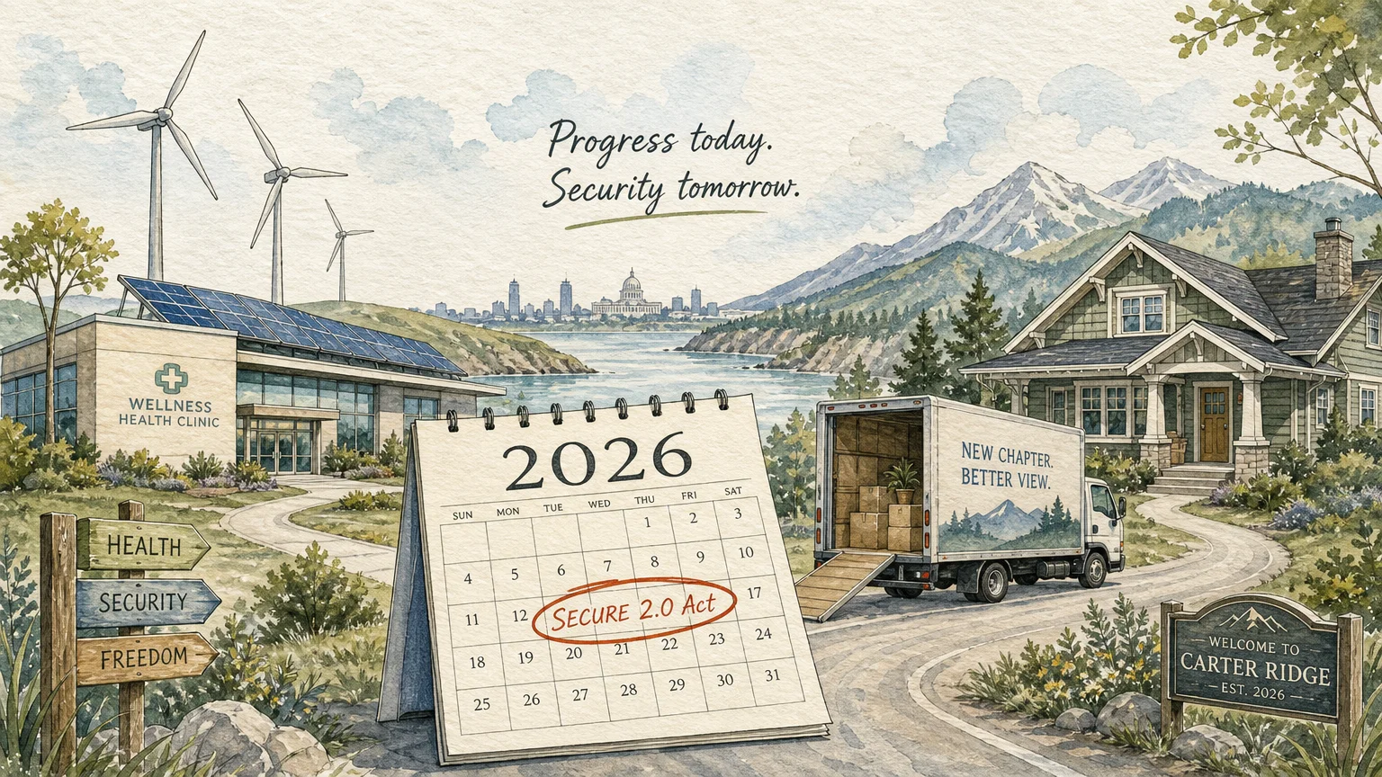 An ink and watercolor illustration showing a 2026 calendar, a modern clinic, and a house, representing the new retirement landscape.