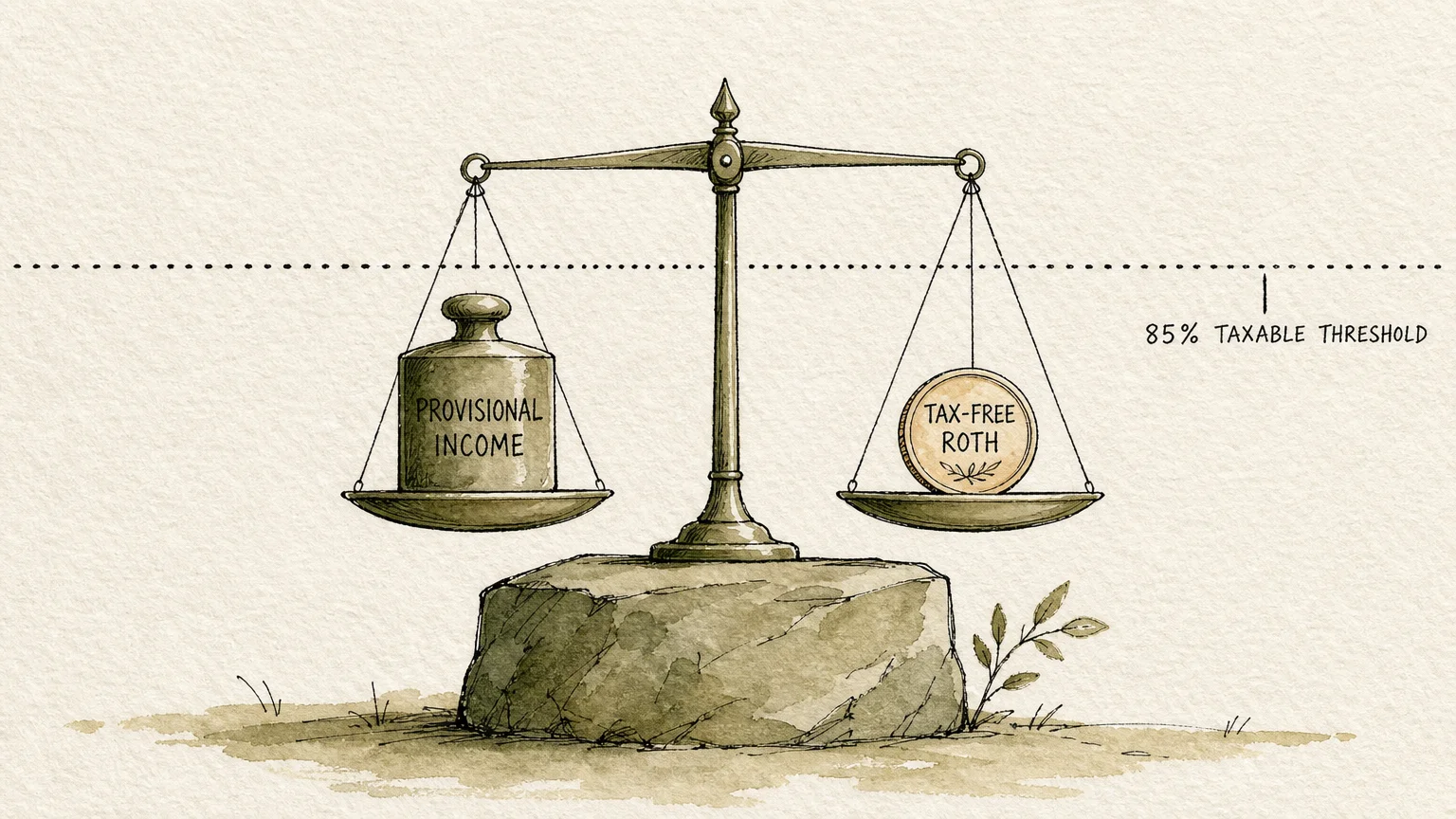 An ink and watercolor illustration showing a balance scale weighing provisional income against tax-free assets below a threshold.