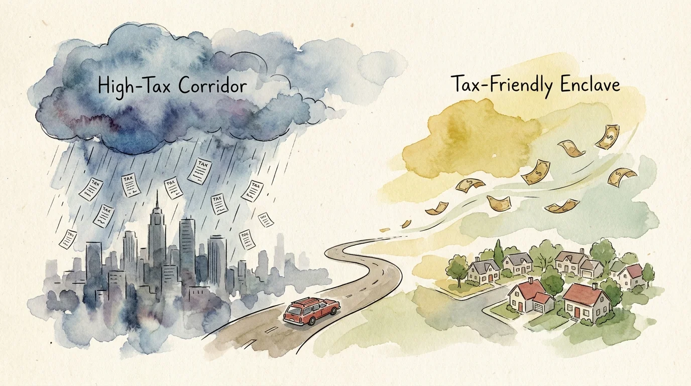 An ink and watercolor illustration showing a red station wagon driving away from a rainy, high-tax city skyline toward a sunny, tax-friendly