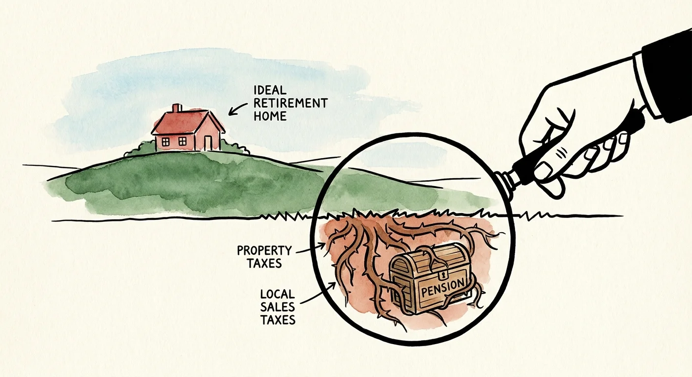 An ink illustration of a magnifying glass scanning beneath a retirement home to reveal hidden roots labeled 'Property Taxes' and 'Sales Taxe