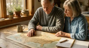 An older couple in cozy sweaters reviews a large paper map of the United States at a sunlit wooden kitchen table with coffee mugs.