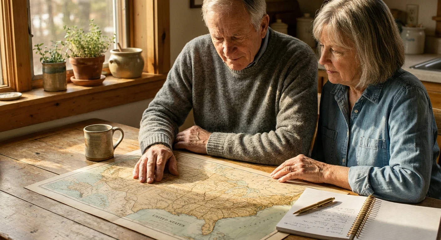 An older couple in cozy sweaters reviews a large paper map of the United States at a sunlit wooden kitchen table with coffee mugs.