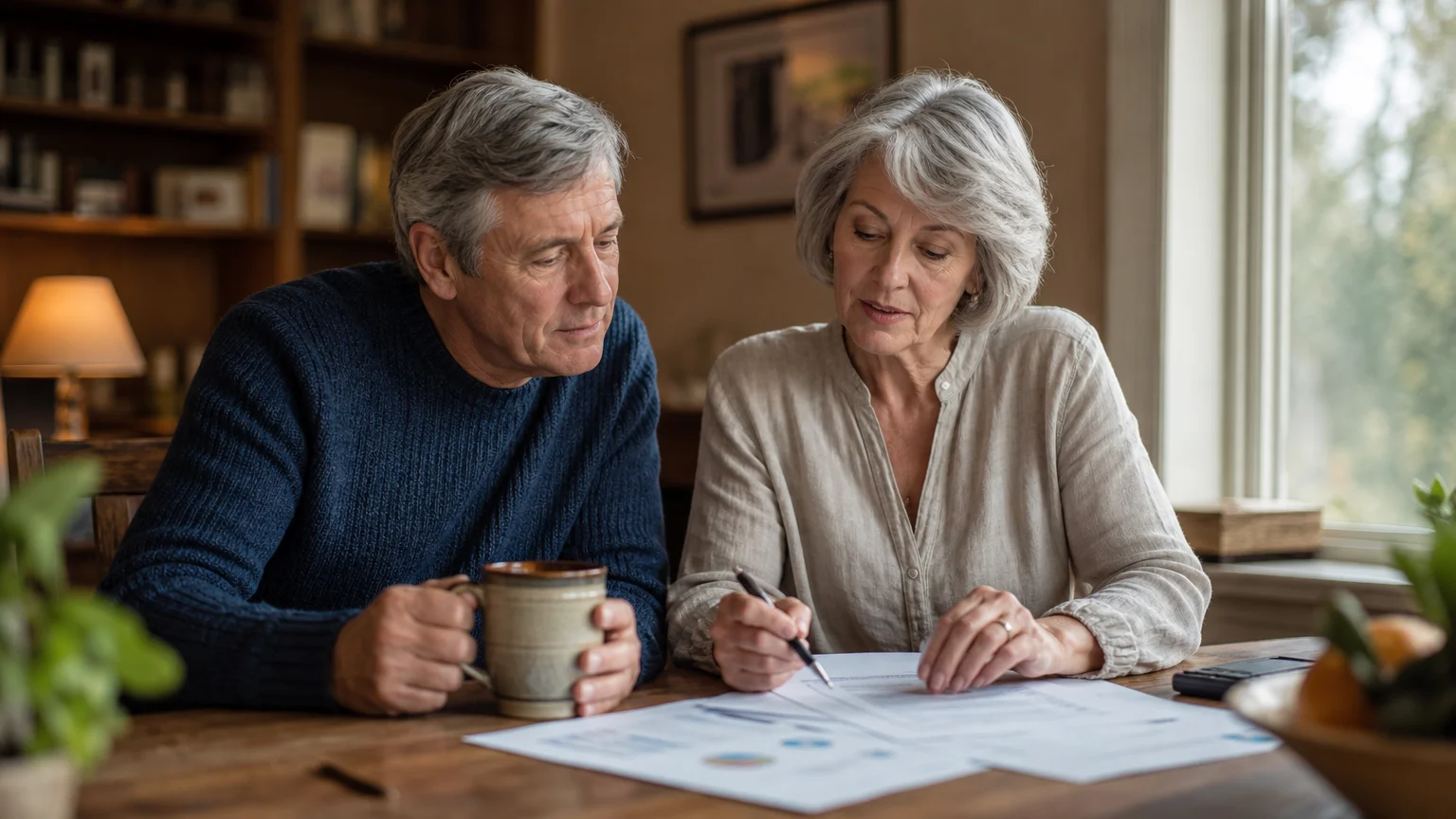 An older couple in their warm, sunlit kitchen reviewing financial planning documents together with calm confidence.