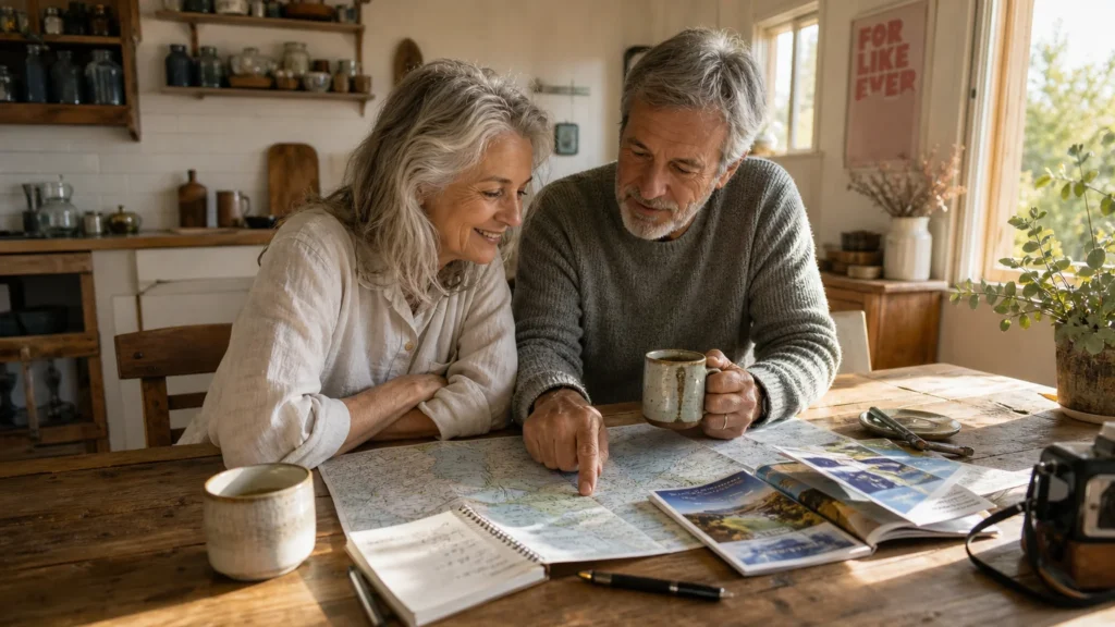 An older couple sitting at a rustic wooden kitchen table, smiling as they look over travel brochures and plan an upcoming trip.