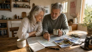 An older couple sitting at a rustic wooden kitchen table, smiling as they look over travel brochures and plan an upcoming trip.