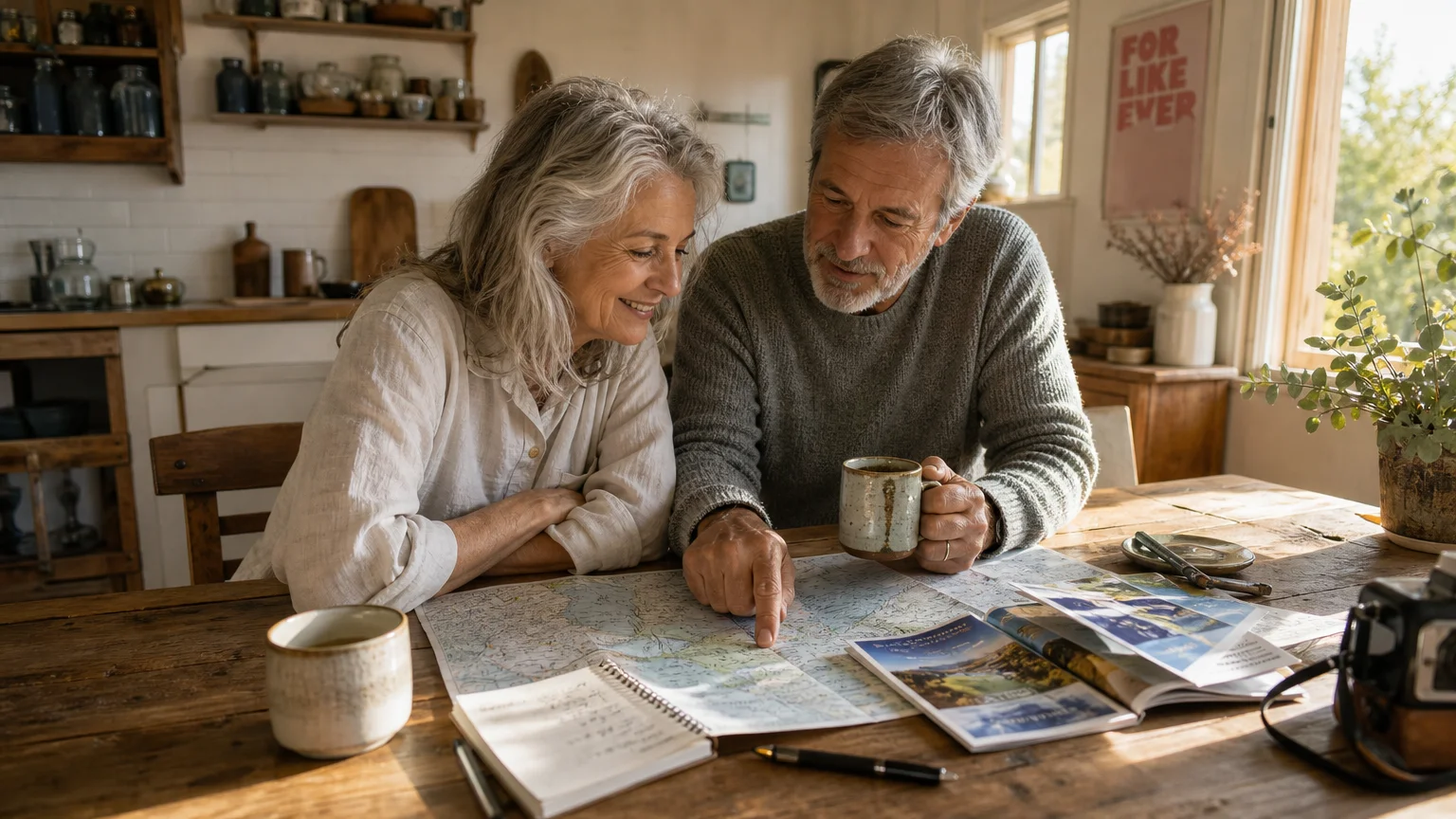 An older couple sitting at a rustic wooden kitchen table, smiling as they look over travel brochures and plan an upcoming trip.