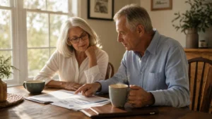 An older couple sitting at a sunlit dining table peacefully reviewing paperwork together.