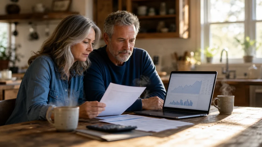 An older couple sitting at a sunlit kitchen table reviewing financial paperwork and a laptop screen in a warm, cozy home setting.