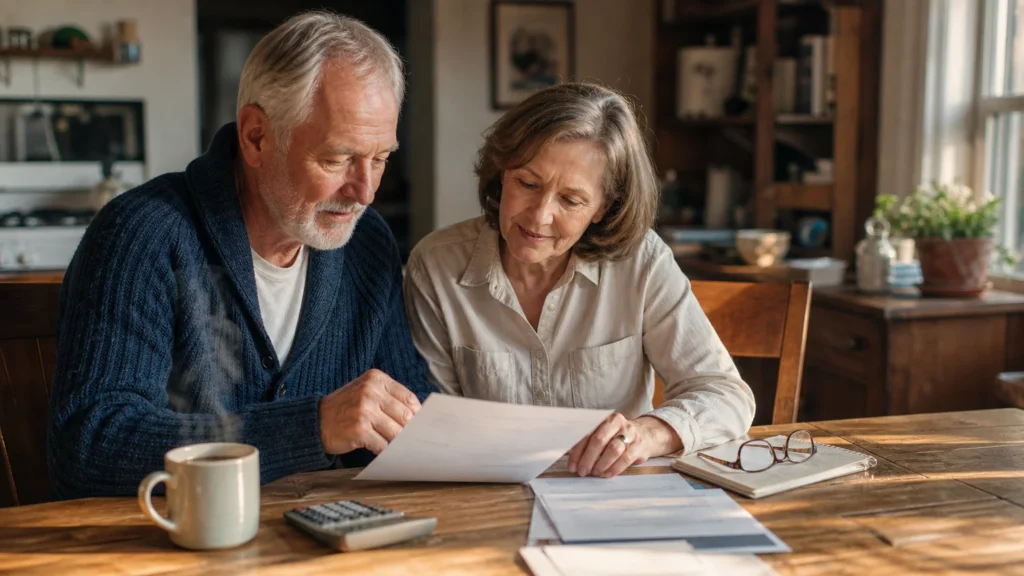 An older couple sitting at a wooden kitchen table looking over financial papers with a calculator and coffee mug in warm afternoon light.