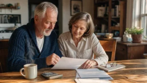 An older couple sitting at a wooden kitchen table looking over financial papers with a calculator and coffee mug in warm afternoon light.