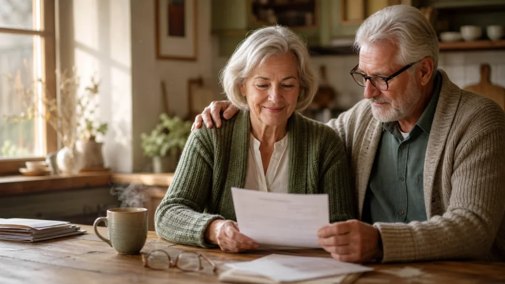 An older couple sitting at their kitchen table in warm morning light, smiling with relief as they review a financial document together.