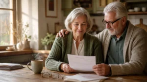 An older couple sitting at their kitchen table in warm morning light, smiling with relief as they review a financial document together.