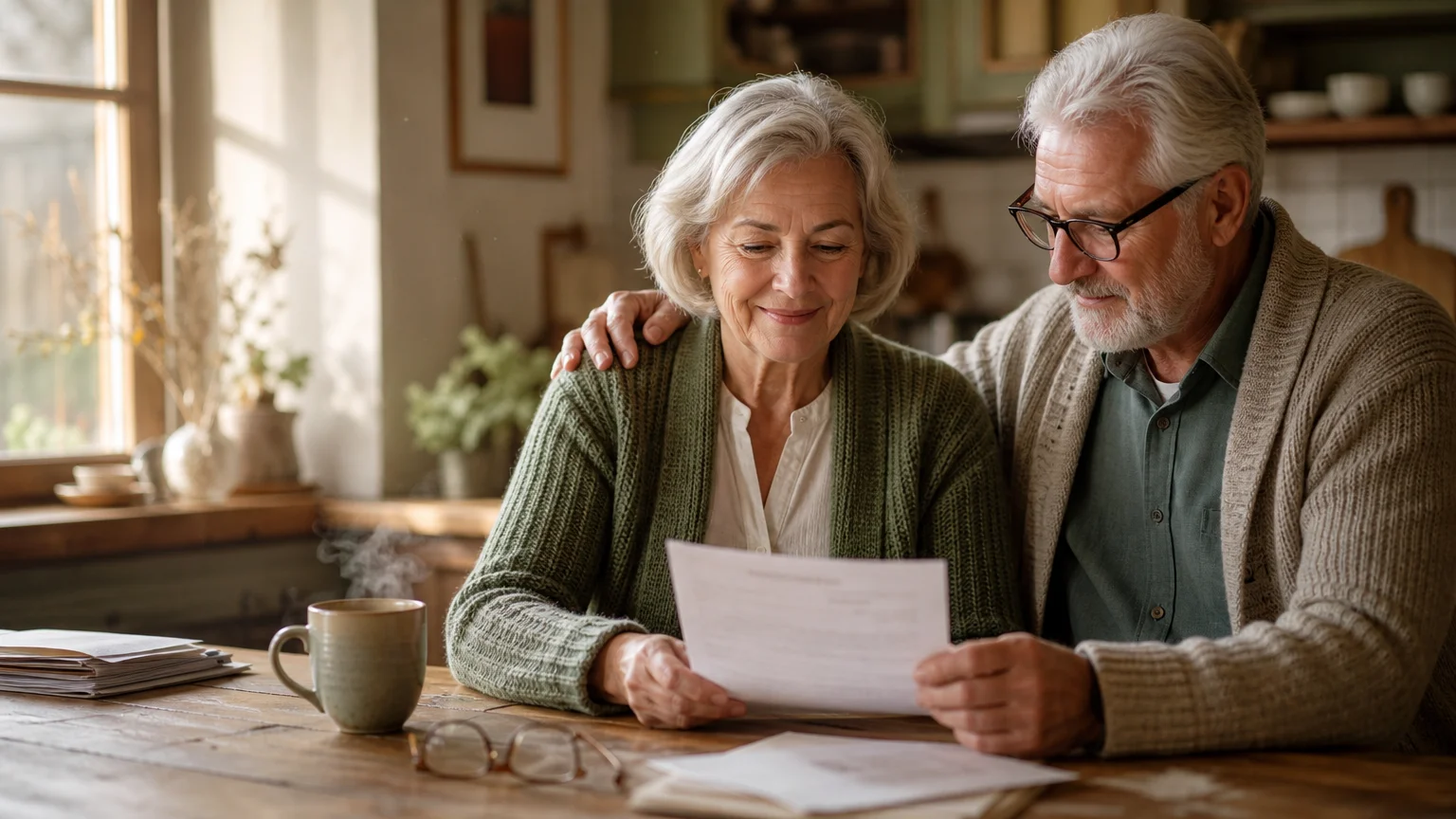 An older couple sitting at their kitchen table in warm morning light, smiling with relief as they review a financial document together.