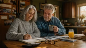 An older couple sitting at their sunlit kitchen table, calmly reviewing financial documents together in a cozy home environment.