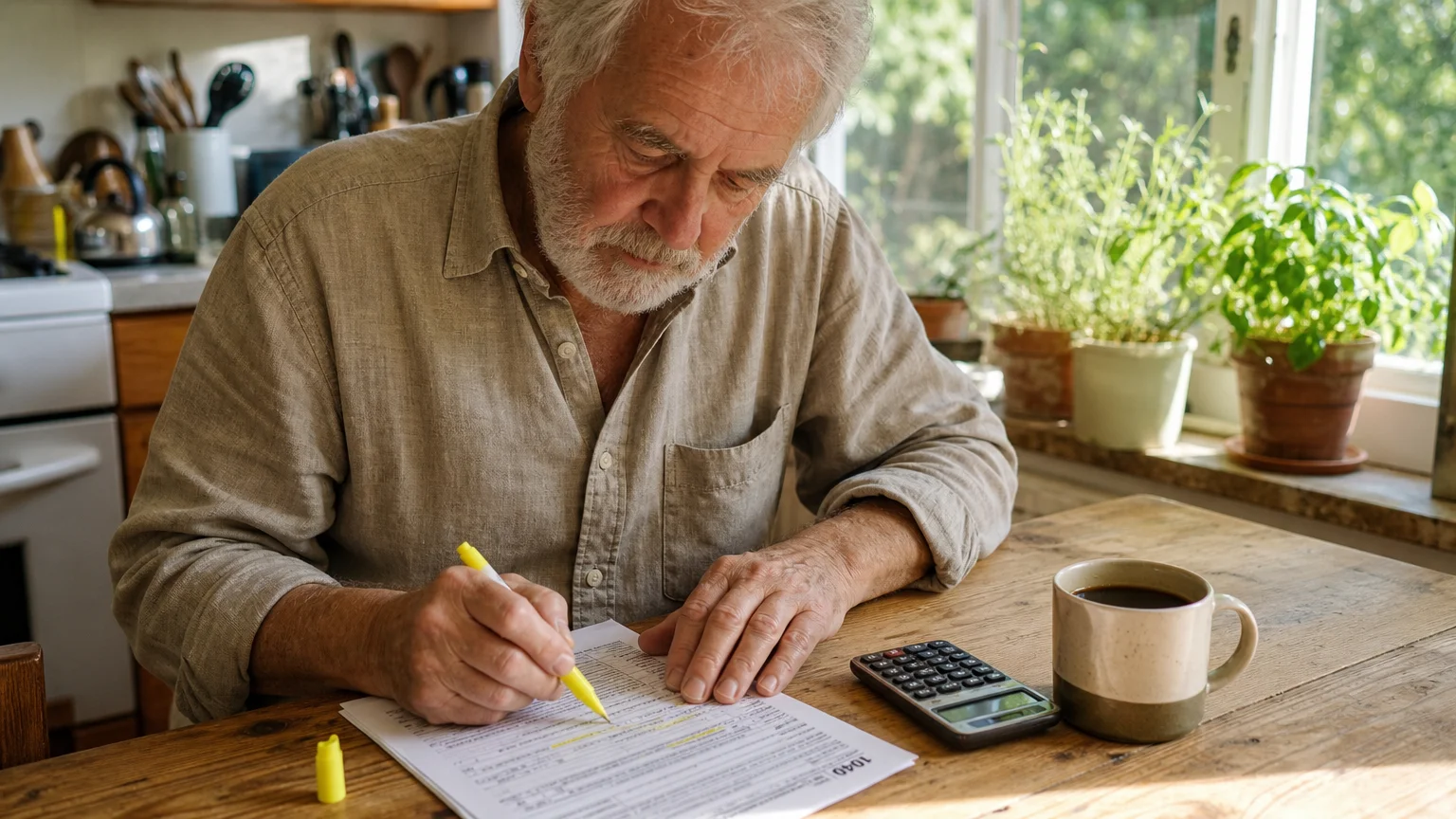 An older man at a sunlit kitchen table uses a highlighter to review tax documents, representing retirement strategy planning.