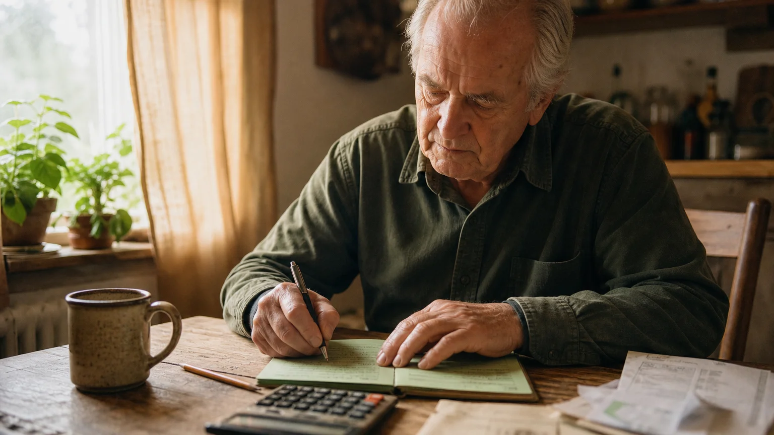 An older man sitting at a sunlit kitchen table, planning his household budget with a notebook and calculator.