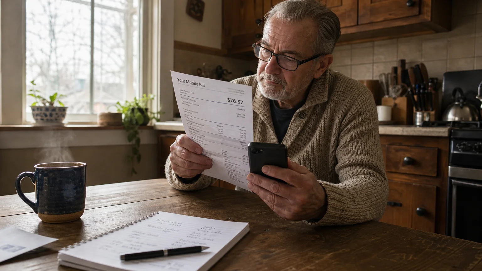 An older man sitting at a wooden table in morning light, reviewing a phone bill next to a smartphone and a steaming coffee mug.