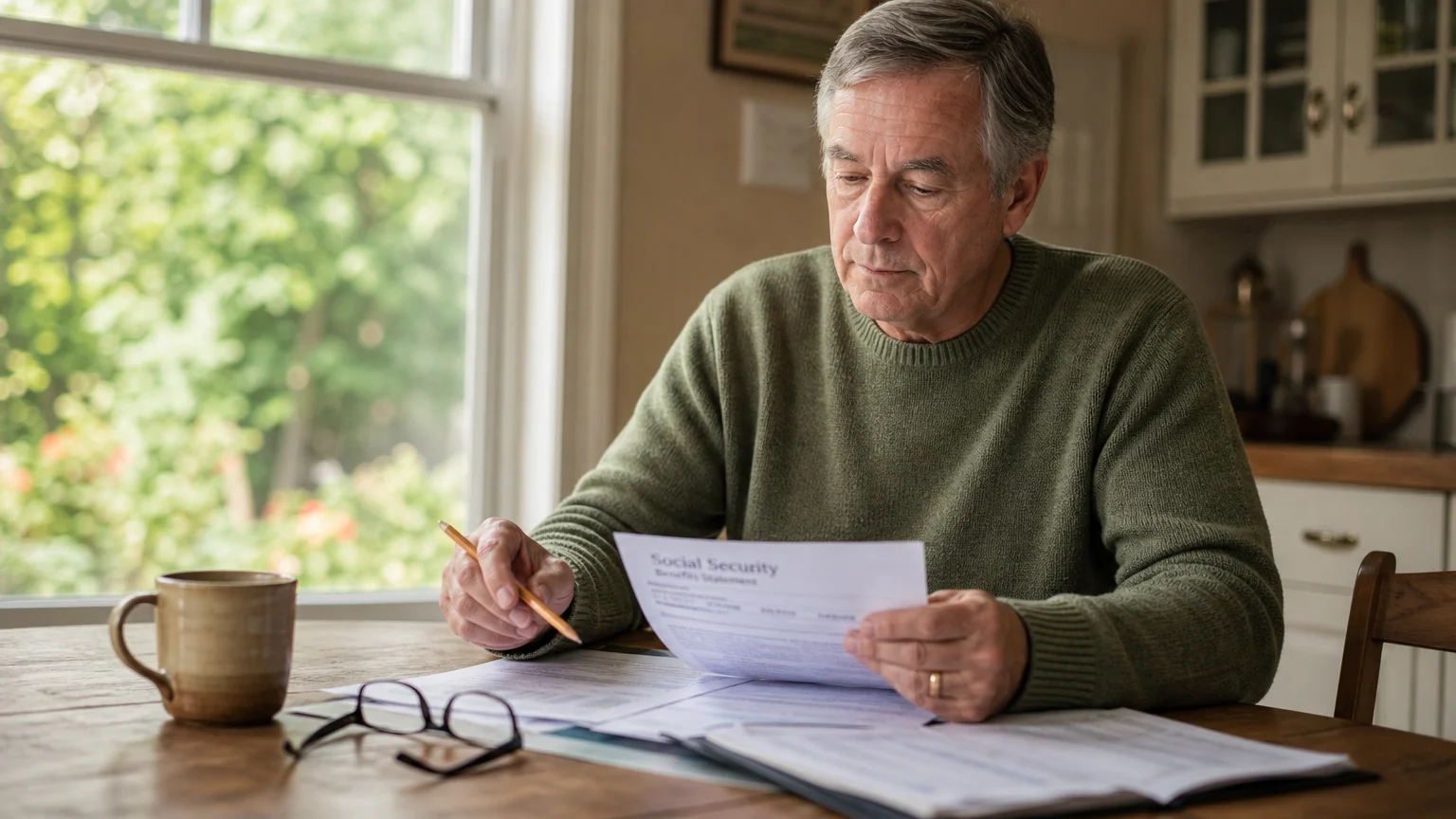 An older man thoughtfully reviews financial papers and a Social Security statement at a sunlit kitchen table.