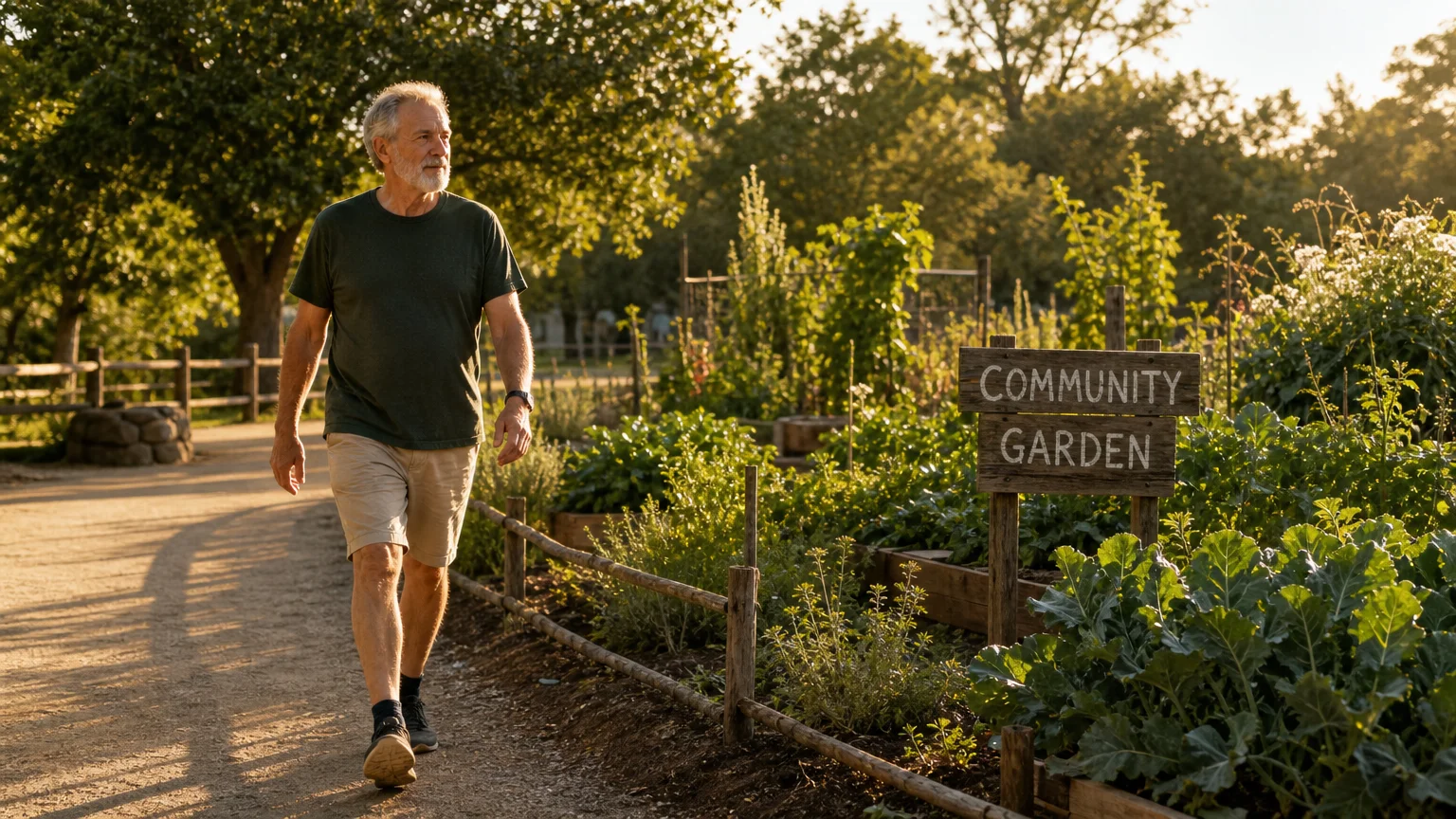 An older man walking along a sunlit pathway in a community park, showcasing an active lifestyle during golden hour.