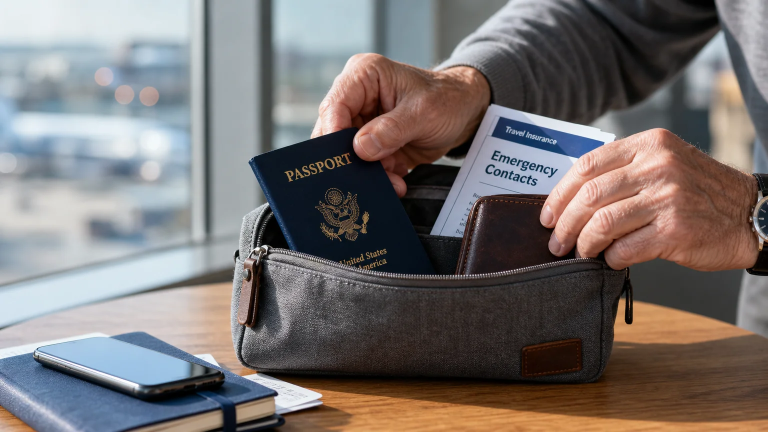 An older traveler carefully organizes a passport and insurance documents into a travel pouch on a wooden table.