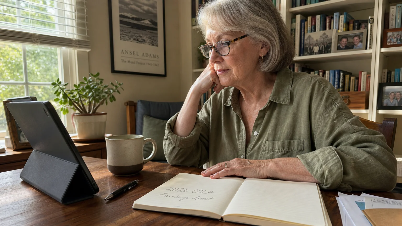 An older woman in a sunlit home office looking at a tablet with a handwritten notebook listing COLA and earnings limits.