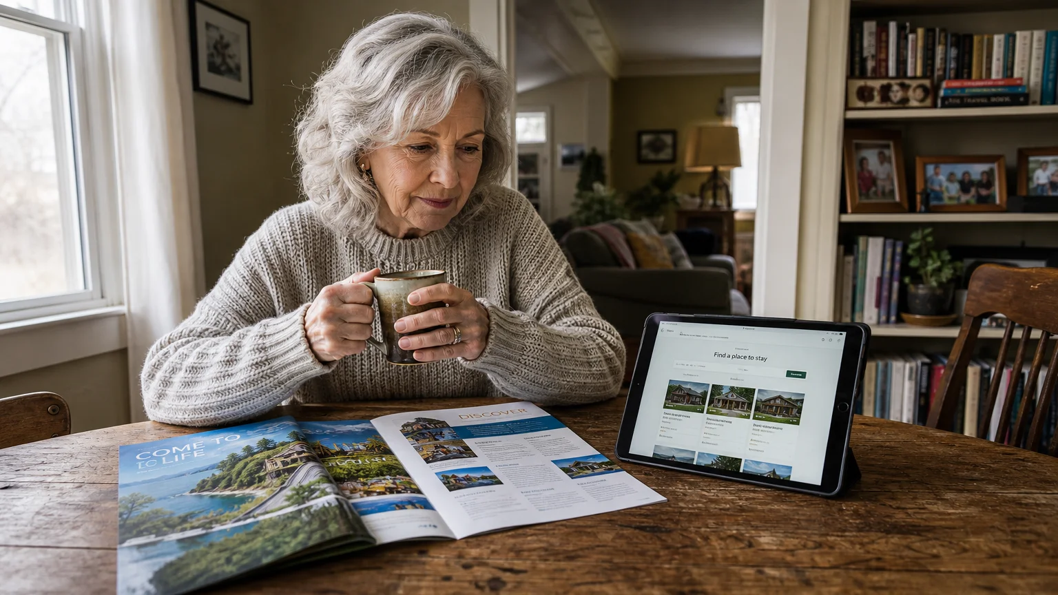 An older woman sits at her dining table with a hot mug, reviewing travel brochures and planning a trip on her tablet.
