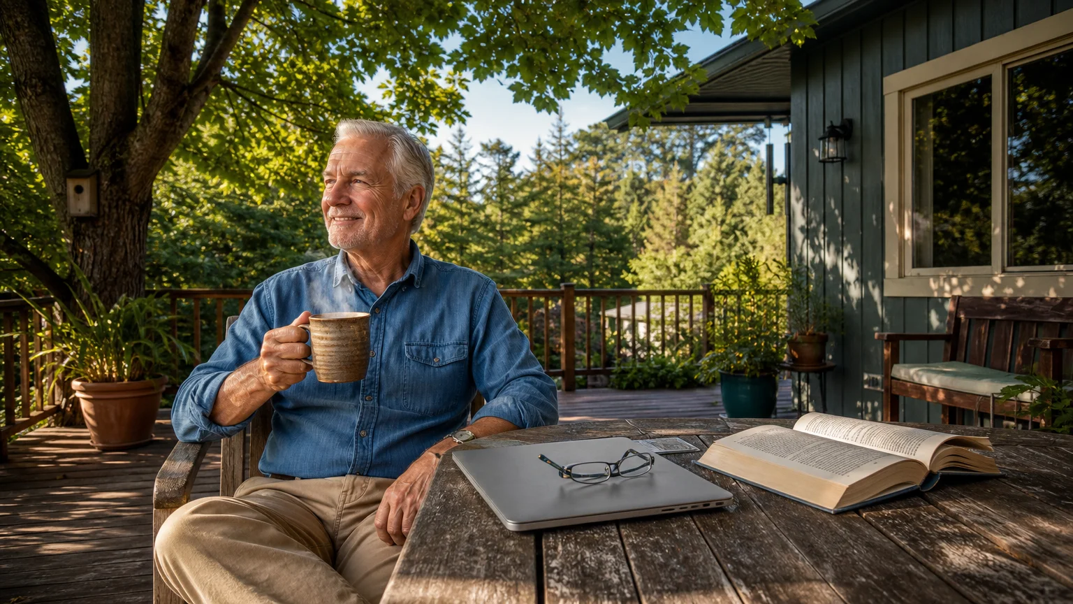 Candid photo of a retired man sitting on a sunlit wooden deck with coffee and a closed laptop, enjoying a flexible morning.