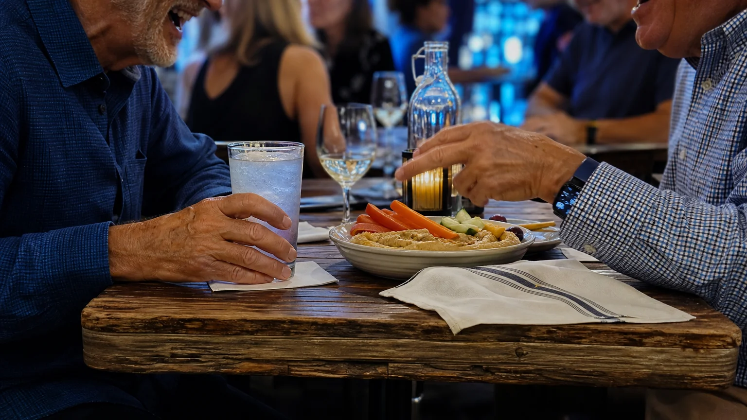 Candid photo of two friends laughing over a healthy appetizer at a bistro table, focusing on the social interaction.