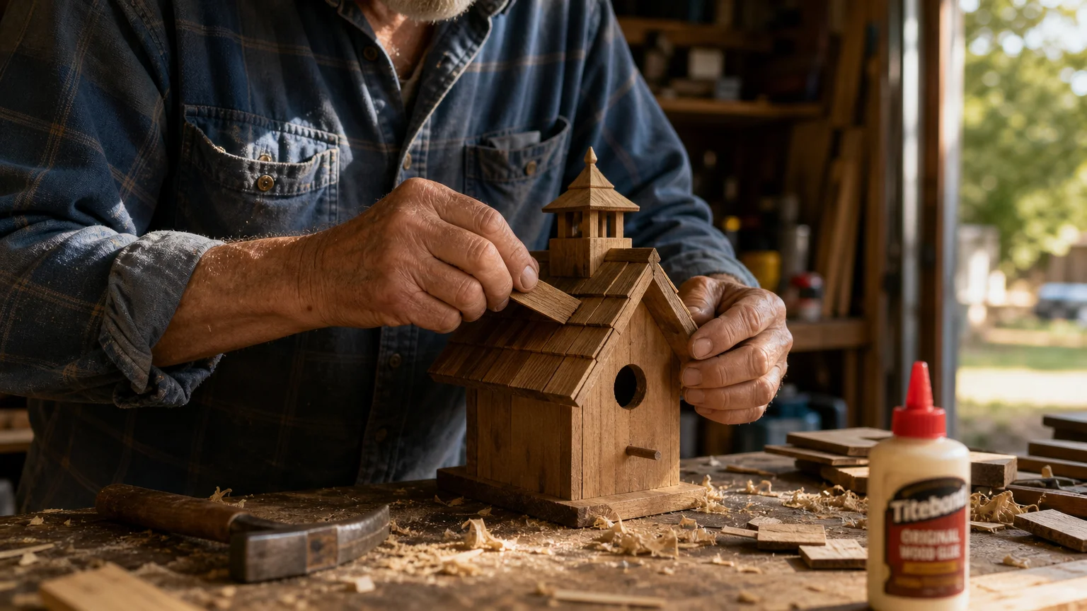Close-up of a senior man's hands building a detailed wooden birdhouse in his home workshop.