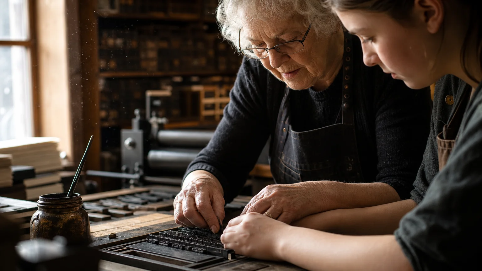 Close-up of a senior woman's weathered hands guiding an apprentice in setting metal type at a printing workshop.