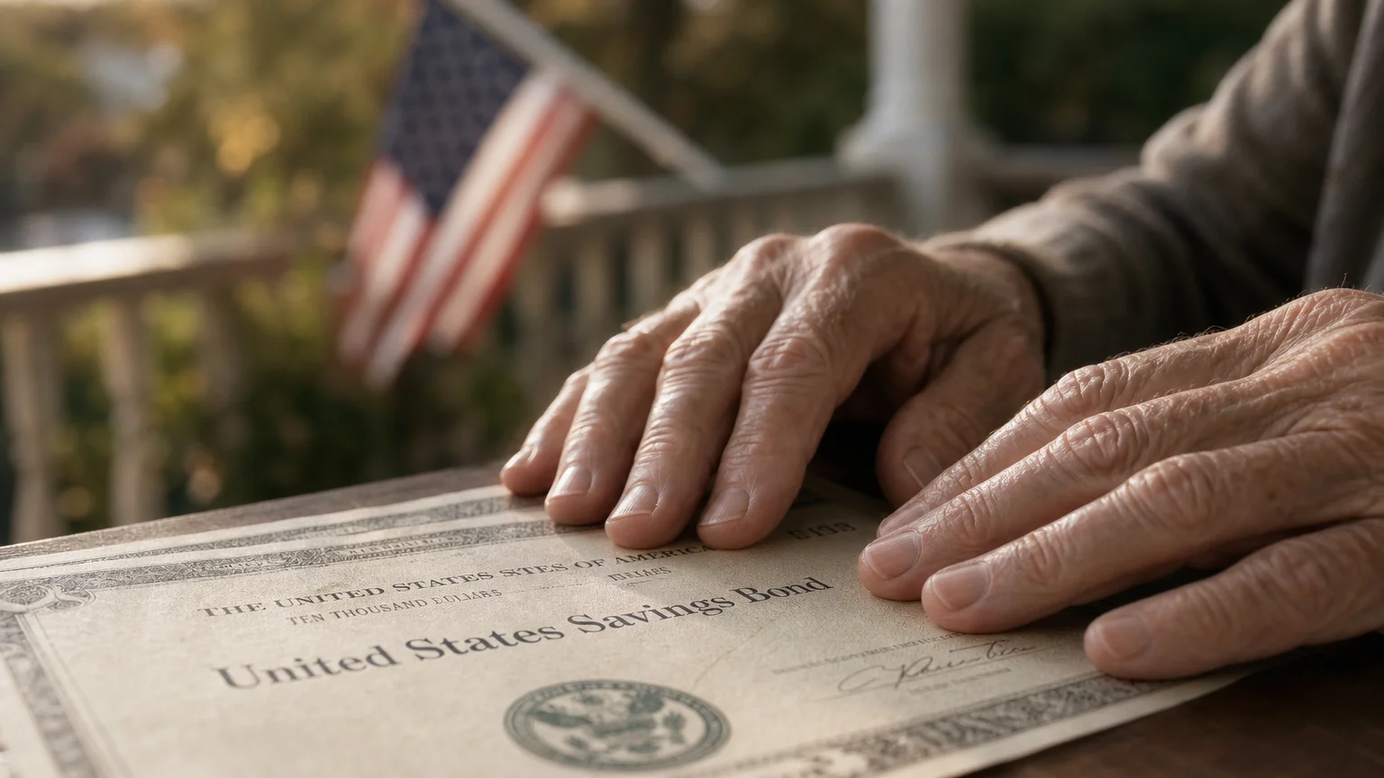 Close-up of an older adult's hands resting on a government bond document in warm afternoon light.