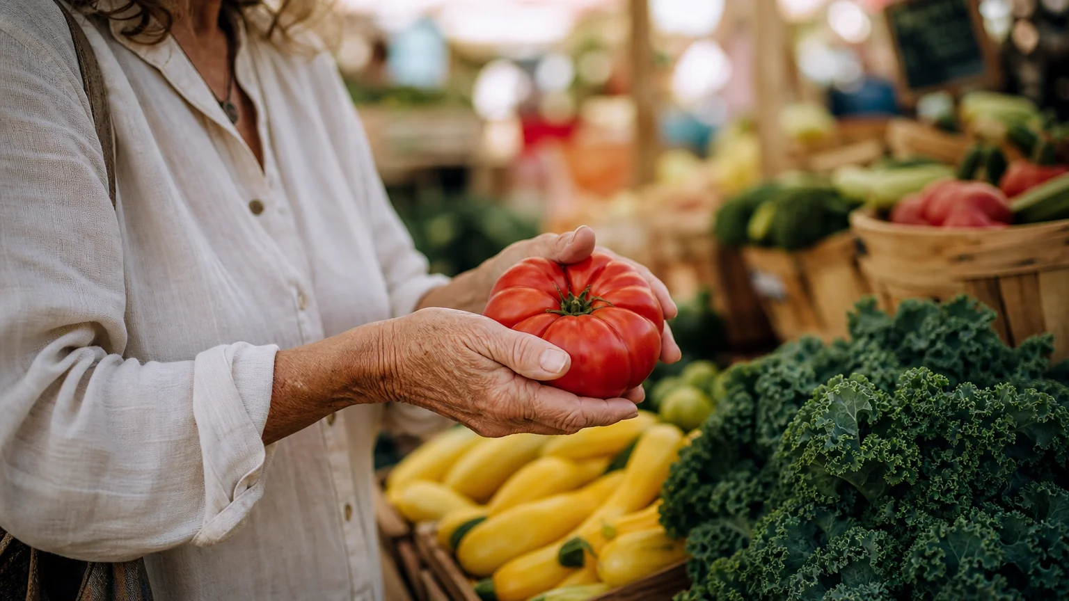 Close-up of an older woman's hands selecting a fresh red tomato at a farmers market with blurred baskets of produce in the background.