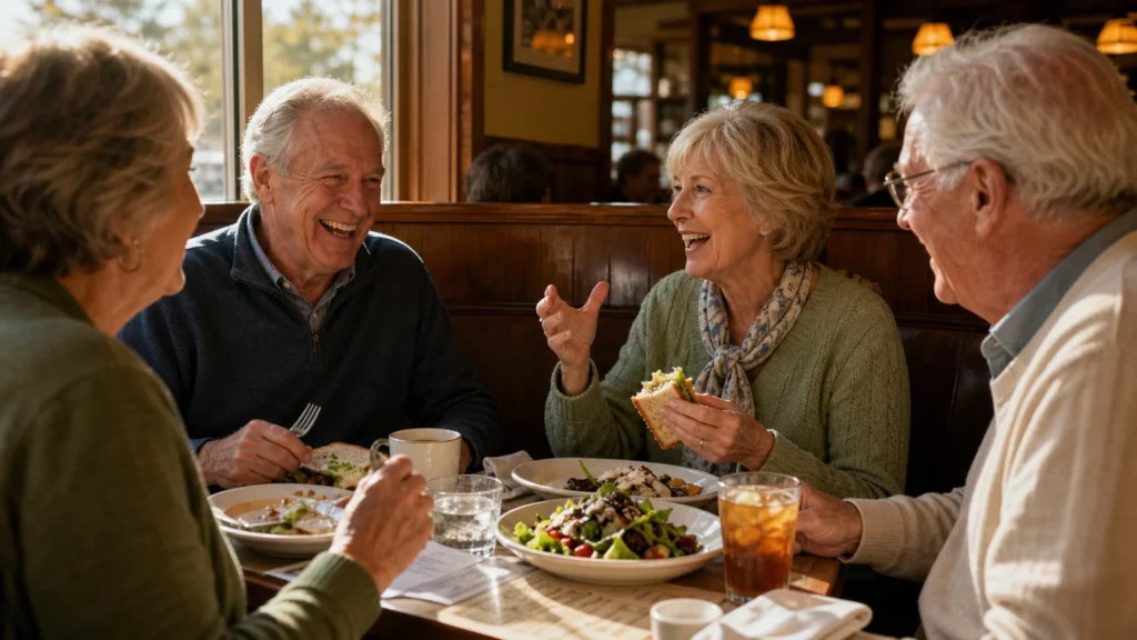 Four smiling retirees enjoying a meal together in a sunlit restaurant booth with coffee and healthy food.