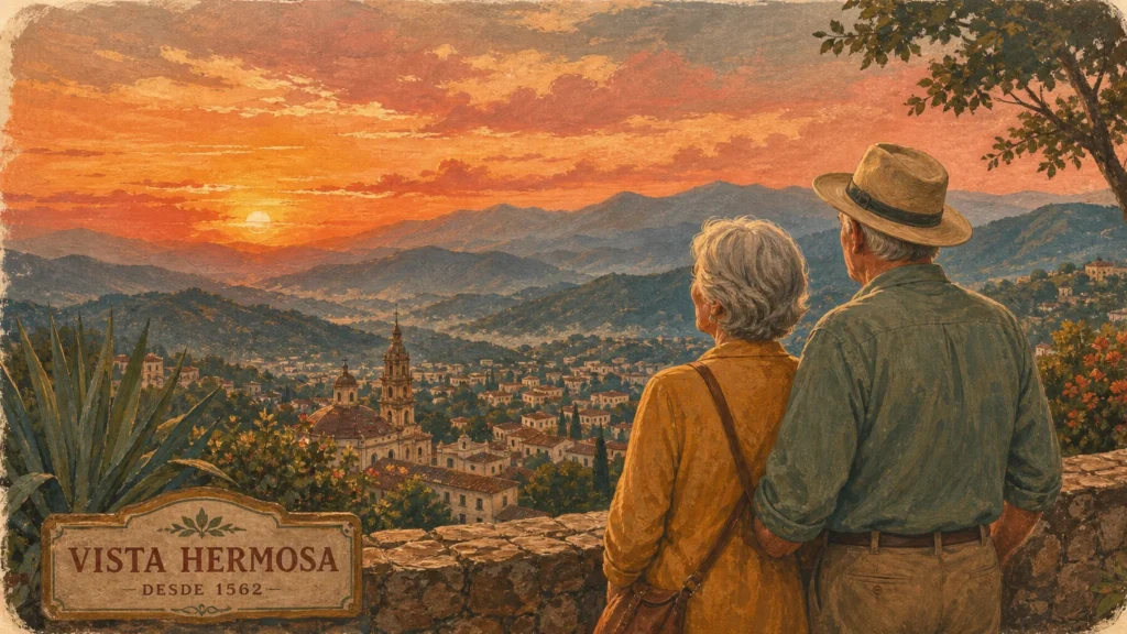Gouache illustration of a retired couple looking at a scenic mountain and historic town valley during a warm sunset.