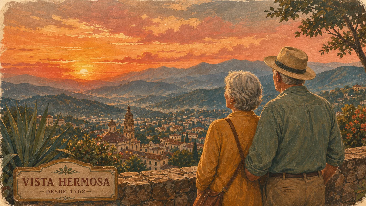 Gouache illustration of a retired couple looking at a scenic mountain and historic town valley during a warm sunset.