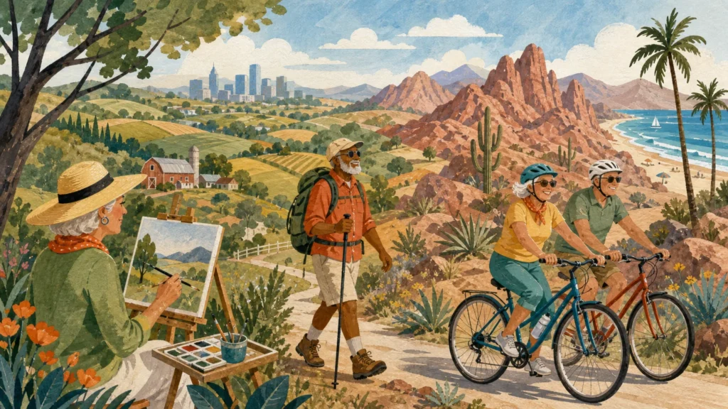 Gouache illustration of active seniors hiking, cycling, and painting in a scenic American landscape.