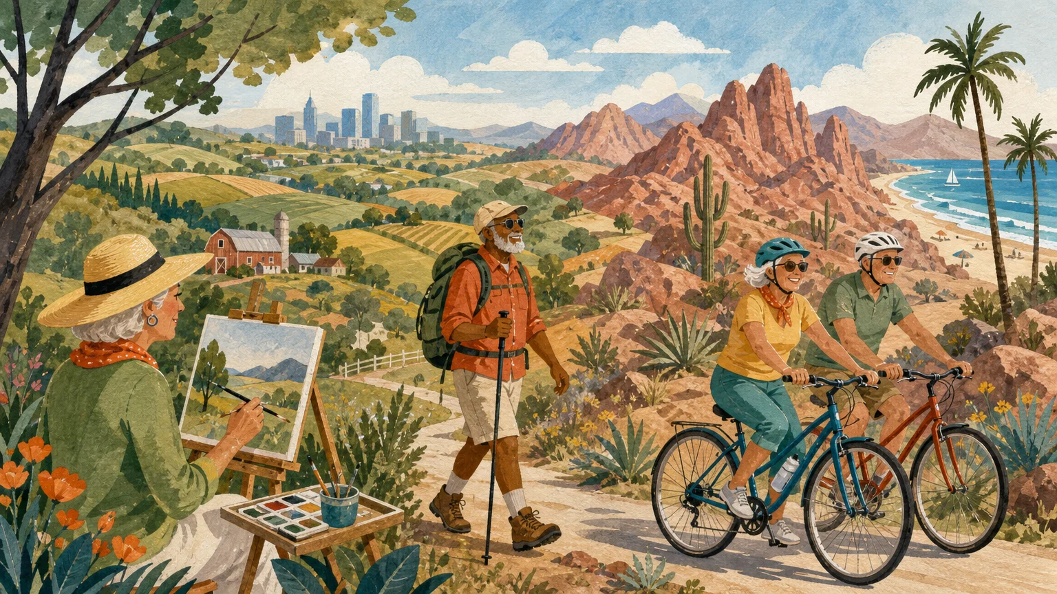 Gouache illustration of active seniors hiking, cycling, and painting in a scenic American landscape.