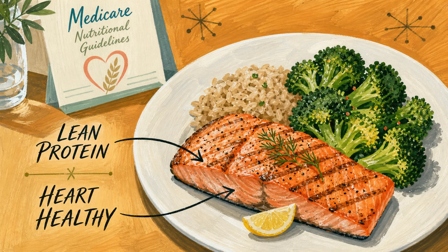Hand-painted illustration of a healthy salmon and broccoli meal with labels for lean protein and heart-healthy choices.